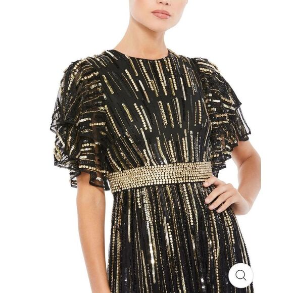 NWT Mac Duggal EMBELLISHED FULL LENGTH LAYERED SLEEVE GOWN Black and Gold 8 - Picture 3 of 12